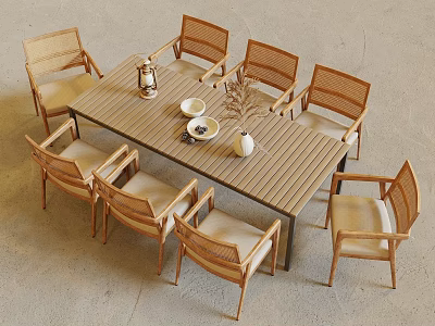 Outdoor Wooden Dining Table With Woven Rattan Chairs And Decorative Vase Bowls 3d model