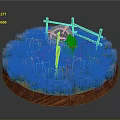 Decorative Weapon Model Featuring Red Sword And Blue Shield On Green Grass With Wooden Fence