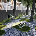 Modern Residential Landscape With White Fence Trees Circular Metal Decorations Gravel Path And Lawn