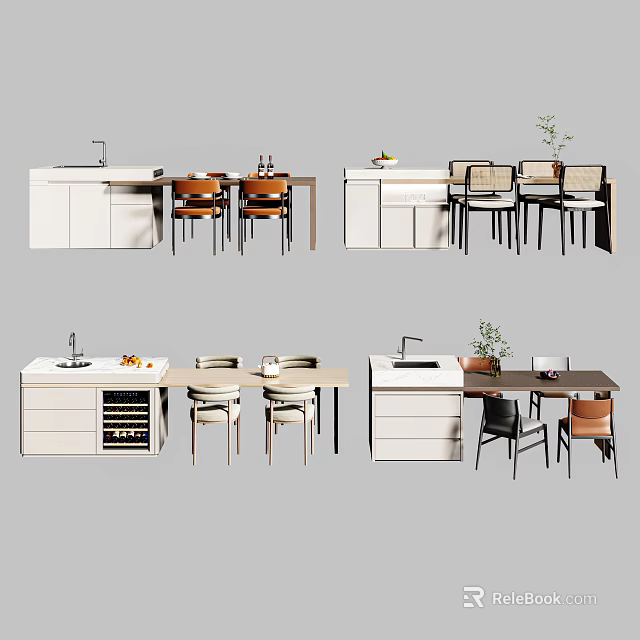 Modern Dining Table Set Combinations With Chairs Cabinets Plants And Minimalist Design 3d model