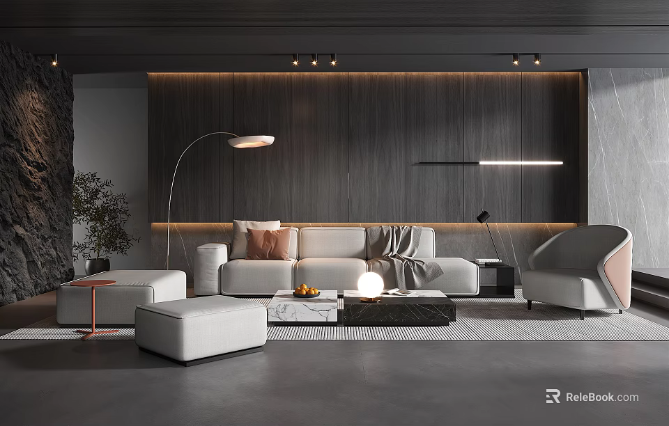 Modern Living Room Interior With Wooden Wall Sofa Floor Lamp And Coffee Table 3d model 