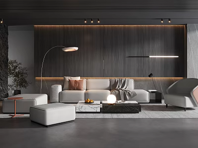 Modern Living Room Interior With Wooden Wall Sofa Floor Lamp And Coffee Table 3d model