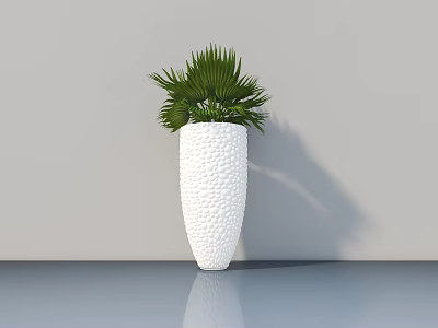 Potted Green Palm Plant In White Textured Vase On Smooth Blue Surface 3d model