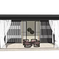 Modern Garden Pavilion With Black Roof White Curtains Interior Table Chairs And Circular Wall Decor