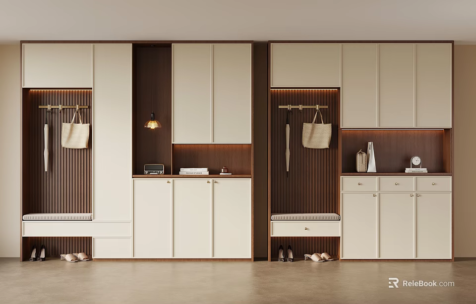 Modern Shoe Cabinet Design With White Brown Cabinets Hooks Bench And Shoes Under Storage 3d model 