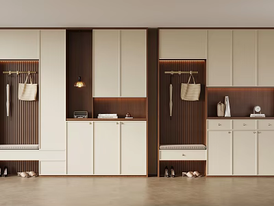 Modern Shoe Cabinet Design With White Brown Cabinets Hooks Bench And Shoes Under Storage 3d model