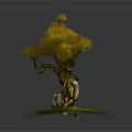 Cartoon Scene With Curved Trunk Tree Featuring Yellow Leaves Stones And Green Grass