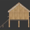 Traditional Wooden Hut with Thatch Roof Bamboo Construction Wooden Staircase and Small Porch