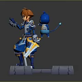 Orange Haired Character in Blue Armor Holding Swords with Blue Cat Creature on Stone Platform