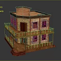 Realistic Two Story Building Model With Brick Walls Wooden Balcony Red Roof And Windows