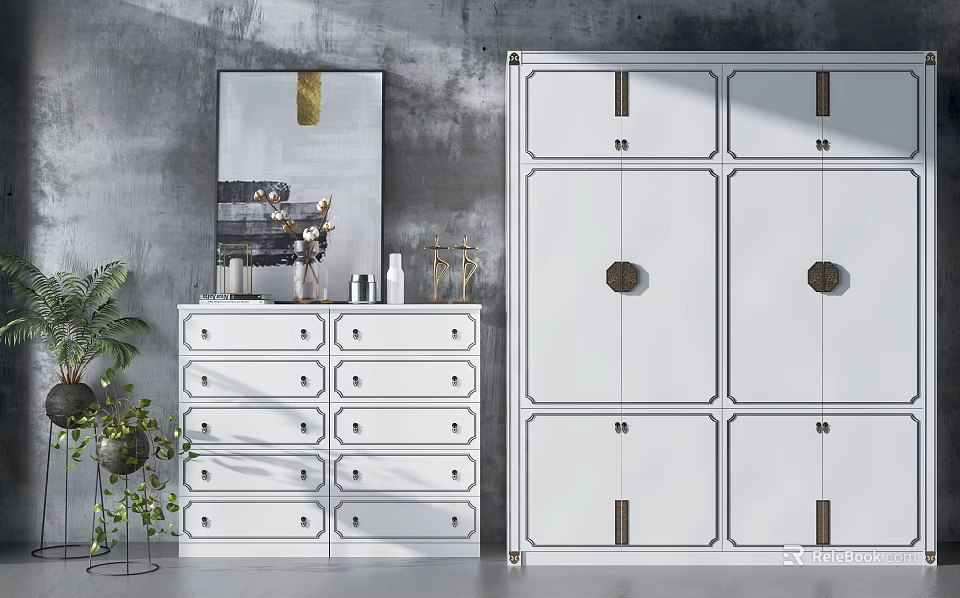 White Wardrobe With Modern Design Matching Chest Of Drawers Decorative Plants And Wall Art 3d model 