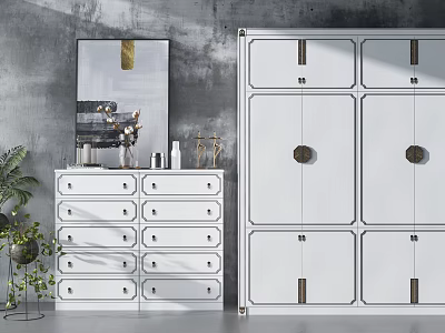 White Wardrobe With Modern Design Matching Chest Of Drawers Decorative Plants And Wall Art 3d model