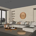 Modern Living Room Interior With Beige Walls Round Wooden Art L Shaped Sofa And Large Windows