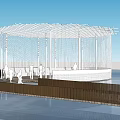 Curved Wooden Walkway Leading To Circular Waterfront Structure With Grid Roof