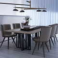 Modern Wooden Dining Table Set With Metal Legs Upholstered Chairs And Pendant Lights