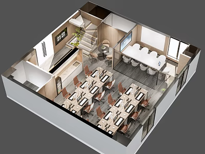 Modern Office Interior Layout With Long Tables Chairs Staircase Green Plants And Windows 3d model