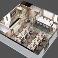 Modern Office Interior Layout With Long Tables Chairs Staircase Green Plants And Windows