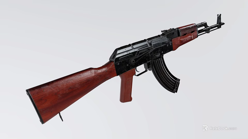 Classic Assault Rifle With Wooden Stock Black Metal Parts And Curved Magazine 3d model 