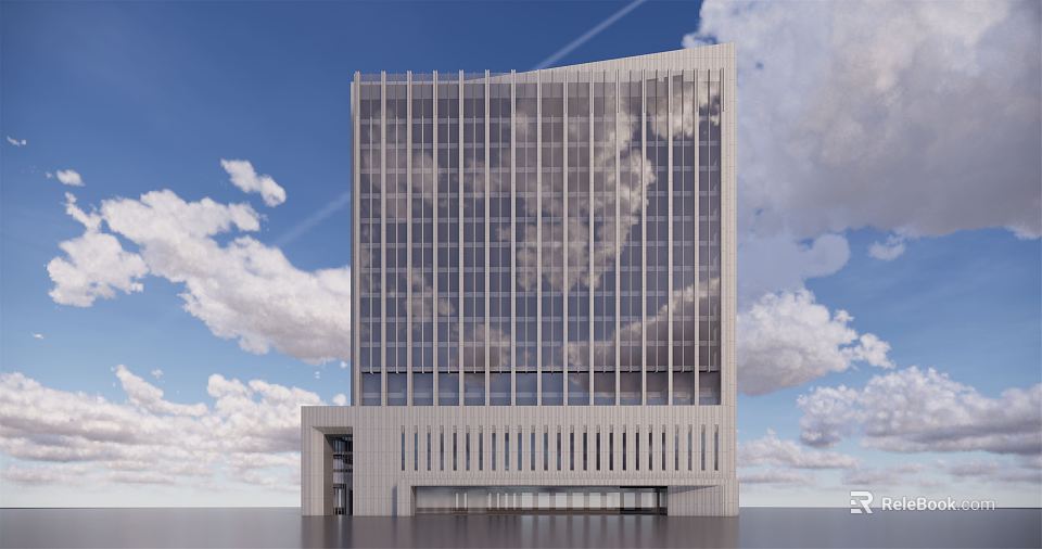 Modern Office Building With Glass Curtain Wall And Cloud Reflections Against Blue Sky 3d model 
