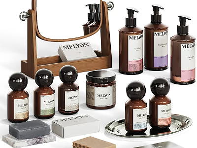Modern Bathroom Accessories With Wooden Tray Hand Soap Dispensers And Soap Dishes 3d model