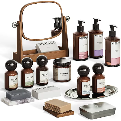 Modern Bathroom Accessories With Wooden Tray Hand Soap Dispensers And Soap Dishes 3d model
