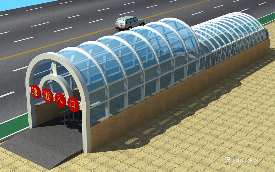 Transparent Canopy Covered Entrance Structure With Road And Paved Ground Area 3d model 