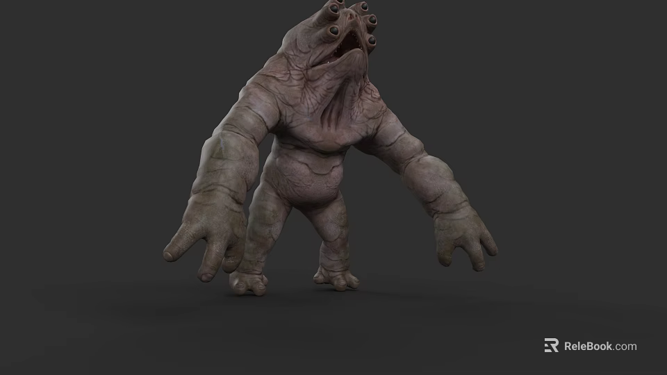 Reptile Creature With Multiple Eyes Open Mouth And Bulky Gray Limbs 3d model 