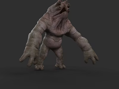 Reptile Creature With Multiple Eyes Open Mouth And Bulky Gray Limbs 3d model