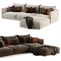 Beige And Brown L Shaped Sectional Sofa With Multiple Patterned Cushions And Cozy Blanket 3d model