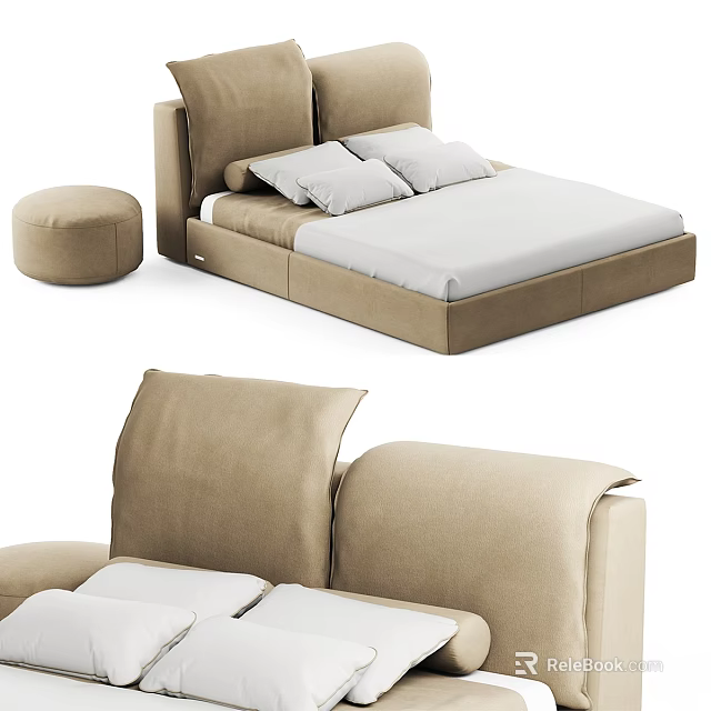 Modern Beige Upholstered Double Bed With White Sheets Pillows And Ottoman 3d model