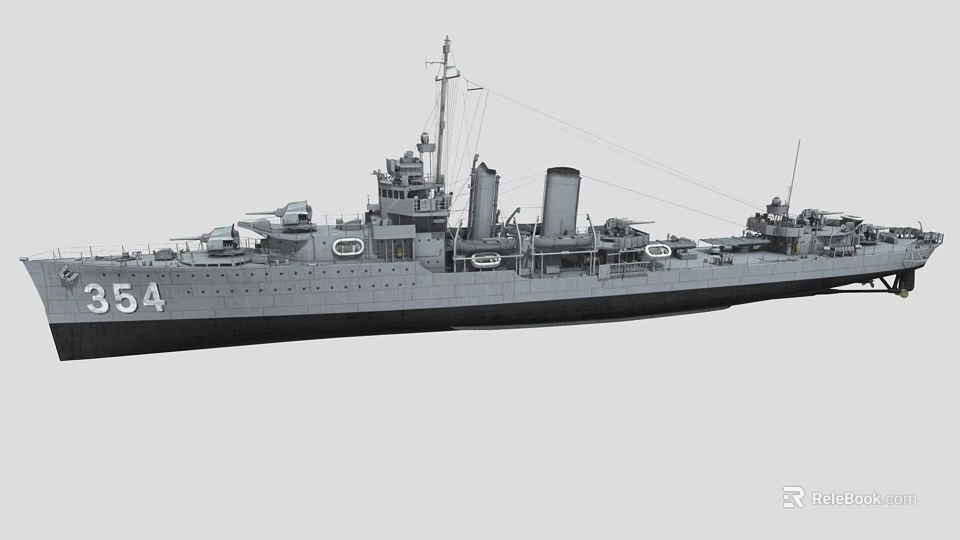 Gray Naval Warship With Hull Number 54 Twin Funnels And Gun Turrets 3d model 