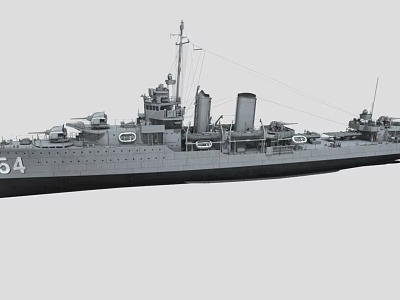 Gray Naval Warship With Hull Number 54 Twin Funnels And Gun Turrets 3d model