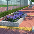School Outdoor Sports Area With Table Tennis Tables Green Lawn And Red Track