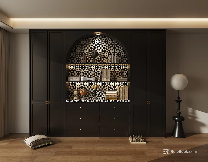 Dark Wood Bookshelf Featuring Arched Geometric Tile Design With Books And Decorative Items 3d model 