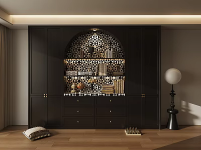 Dark Wood Bookshelf Featuring Arched Geometric Tile Design With Books And Decorative Items 3d model