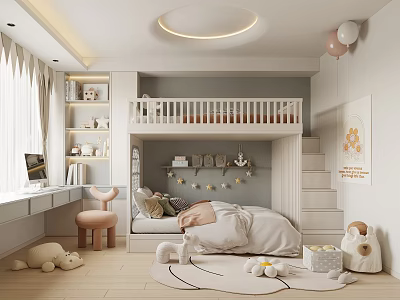 Cozy Kids Room Interior With Bunk Bed Desk Bookshelf Stuffed Toys Balloons And Rug 3d model
