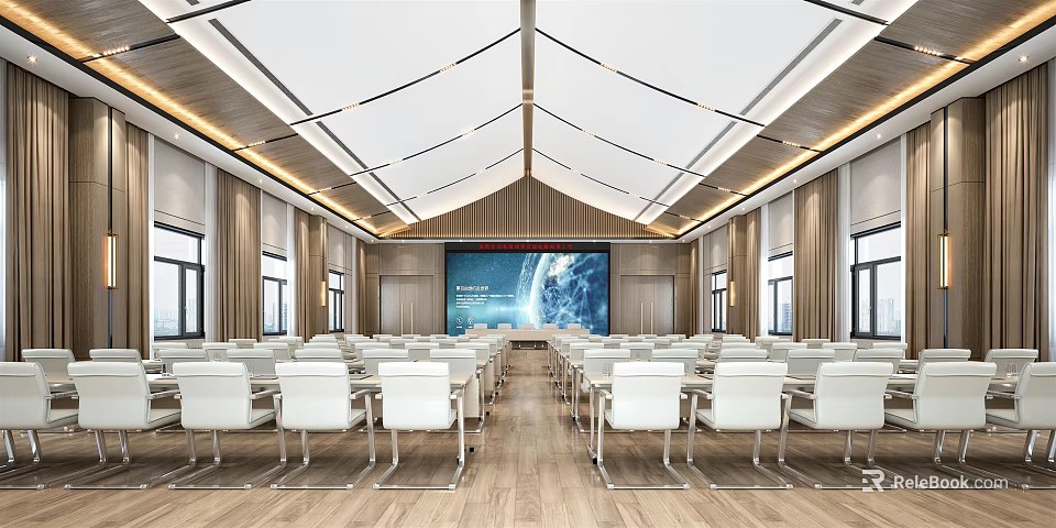 Modern Conference Room Interior With White Arranged Seats Large Screen And Wooden Floor 3d model 