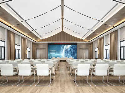 Modern Conference Room Interior With White Arranged Seats Large Screen And Wooden Floor 3d model