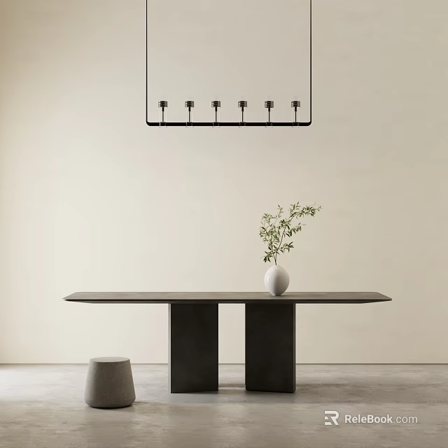 Minimalist Black Dining Table with White Vase Green Plant Under Linear Pendant Light 3d model 
