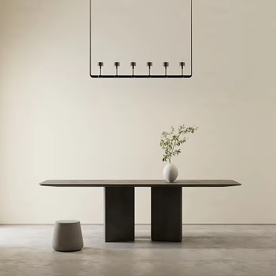 Minimalist Black Dining Table with White Vase Green Plant Under Linear Pendant Light 3d model