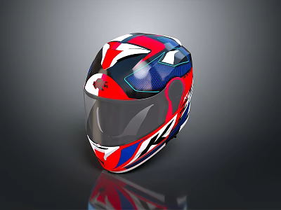 Stylish Red Blue White Motorcycle Helmet with Geometric Patterns and Transparent Visor 3d model