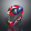 Stylish Red Blue White Motorcycle Helmet with Geometric Patterns and Transparent Visor