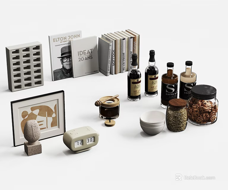 Decorative Ornaments Set With Books Magazines Bottles Jars Frames And Bowls 3d model 