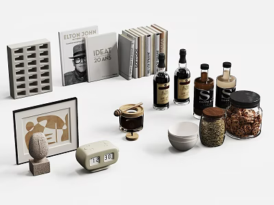Decorative Ornaments Set With Books Magazines Bottles Jars Frames And Bowls 3d model