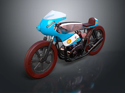 Vintage Blue Motorcycle With White Windshield Brown Seat And Red Wheels 3d model
