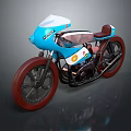 Vintage Blue Motorcycle With White Windshield Brown Seat And Red Wheels