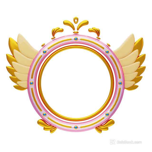 Pink and Gold Circular Frame Decorative Ornament Set with Golden Wings 3d model 
