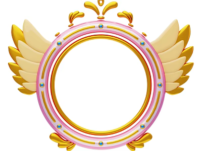 Pink and Gold Circular Frame Decorative Ornament Set with Golden Wings 3d model