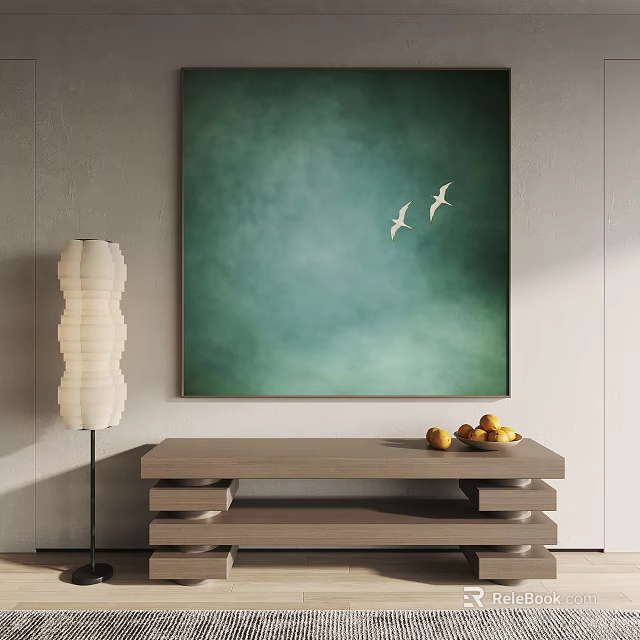 Green Artwork With Two Birds Floor Lamp And Wooden Table With Yellow Fruits 3d model 