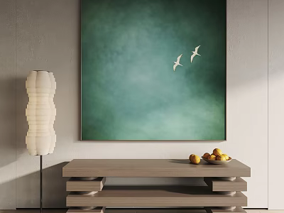 Green Artwork With Two Birds Floor Lamp And Wooden Table With Yellow Fruits 3d model
